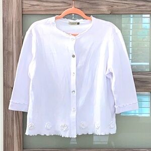 Chalet made in USA cardigan with lettuce edge trim. Size medium. White